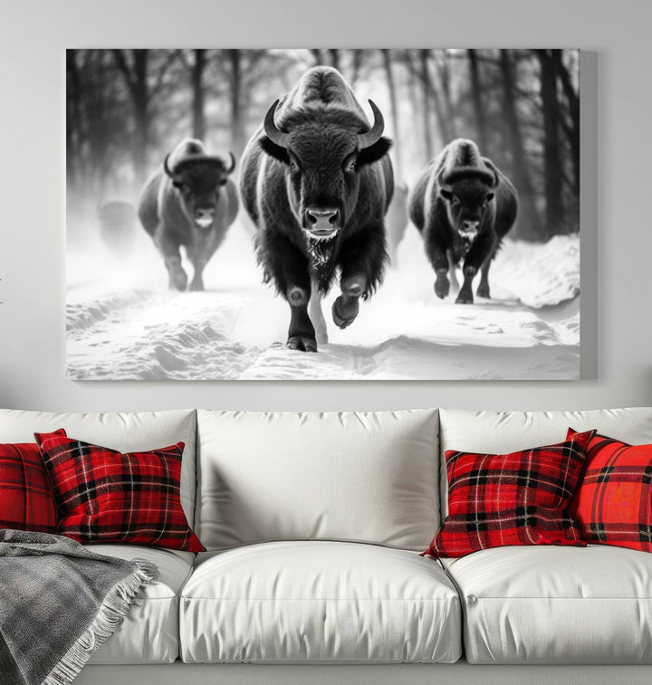 Transform your living room with the Buffalo Wall Art Canvas Print triptych, showcasing a bison family in motion across a snowy landscape. This striking Western decor piece becomes the focal point of any room.