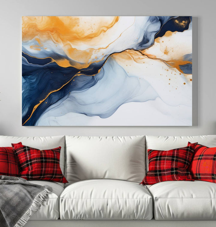 Modern living room featuring the 'Extra Large Orange Navy Blue Abstract Wall Art Canvas Print.'