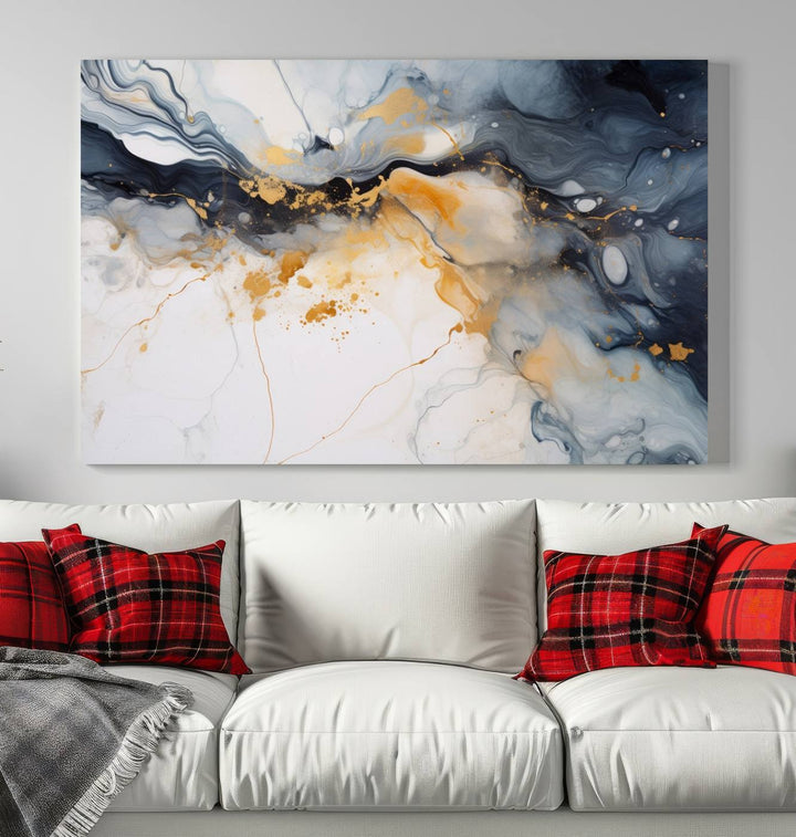 The Dark Blue and Orange Abstract Wall Art, featuring museum-quality canvas with captivating dark and golden swirls, is ready to hang and boasts a UV-protective coating to ensure enduring vibrancy and sophistication.