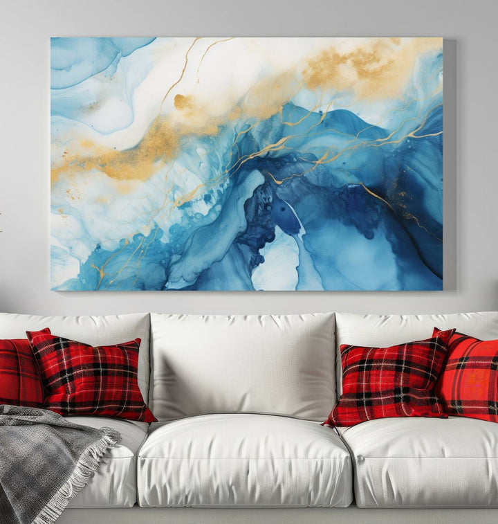 Blue and Gold Abstract Canvas Wall Art Print – Contemporary Fluid Design with Luxe Marble Effect – Ready to Hang