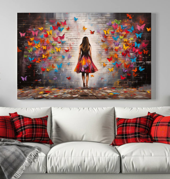 A vibrant artwork titled "Graffiti Wall Art Canvas Print Girl Butterfly Graffiti Abstract Canvas Print" is displayed above the couch. This gallery-wrapped masterpiece, printed on museum-quality canvas, features a UV-protective coating to preserve its vivid beauty.