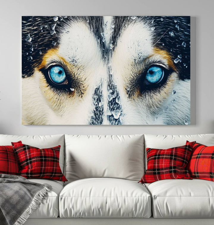 The captivating "Winter Siberian Husky Wolf EYE Wall Art Canvas Print" showcases the striking blue eyes of the animal portrait.