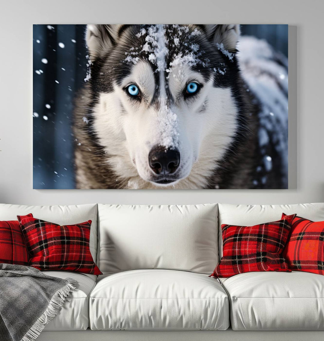 A digital art piece titled "Winter Siberian Husky Wolf Wall Art Canvas Print" showcases a blue-eyed husky blanketed in snow. Printed on high-quality canvas, it is an ideal choice for nature and dog enthusiasts.