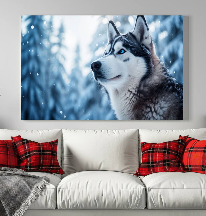 The "Winter Siberian Husky Wolf Wall Art Canvas Print" is elegantly displayed, enhancing the room's cozy ambiance in a snowy forest setting.