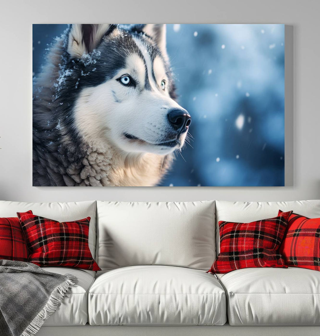 The space above the sofa features the Winter Siberian Husky Wolf Wall Art Canvas Print, creating a stunning snowy scene.