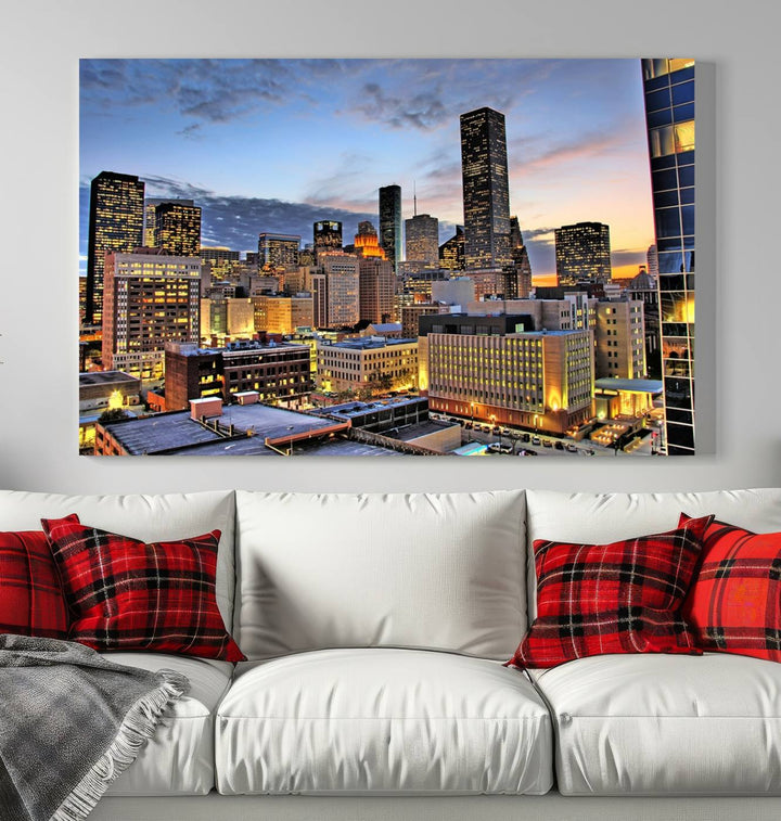 The modern living room features the Houston Wall Art Canvas Print on the wall. This professional craftsman framed masterpiece depicts a cityscape and is created with museum-quality polycotton canvas, ensuring a polished look that enhances its elegant charm.