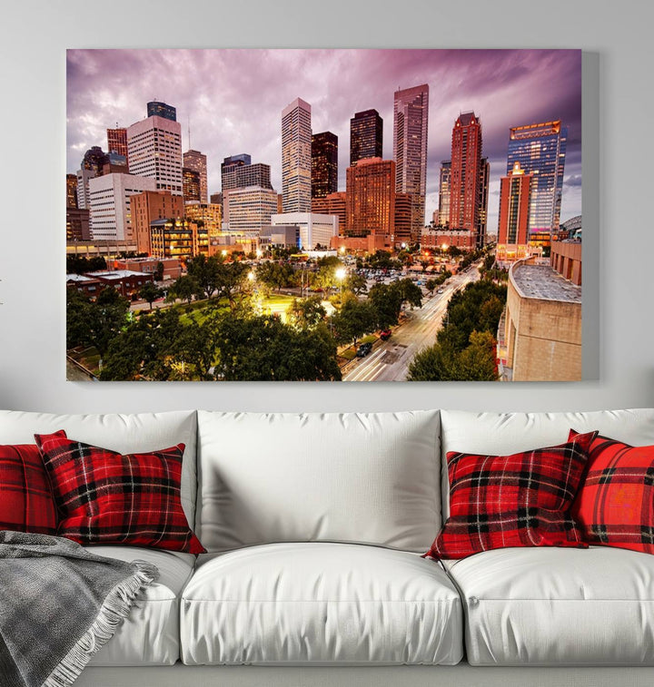 The Houston Wall Art Canvas Print in the living room displays a vibrant city skyline at twilight on museum-quality canvas with UV-protective coating.