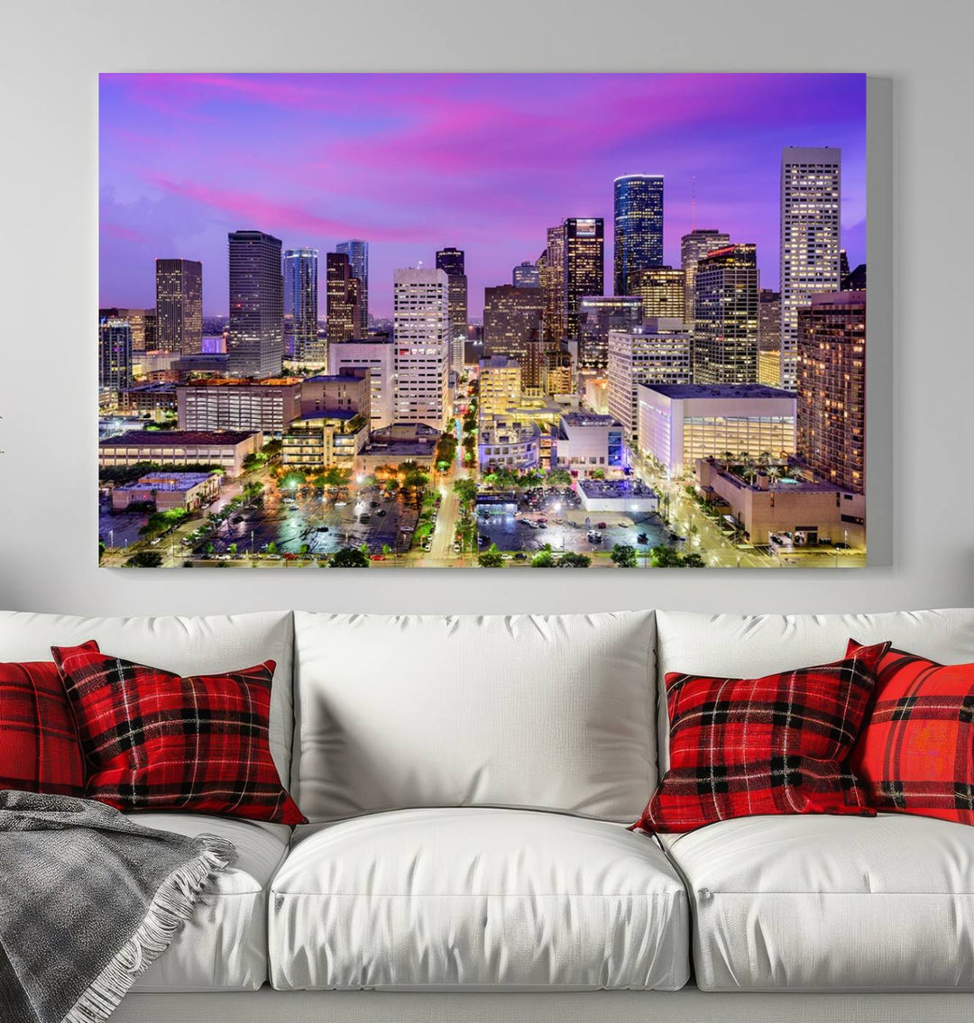 Houston Wall Art Canvas Print showcasing a vibrant cityscape at dusk on museum-quality canvas, expertly crafted by professional craftsmen.