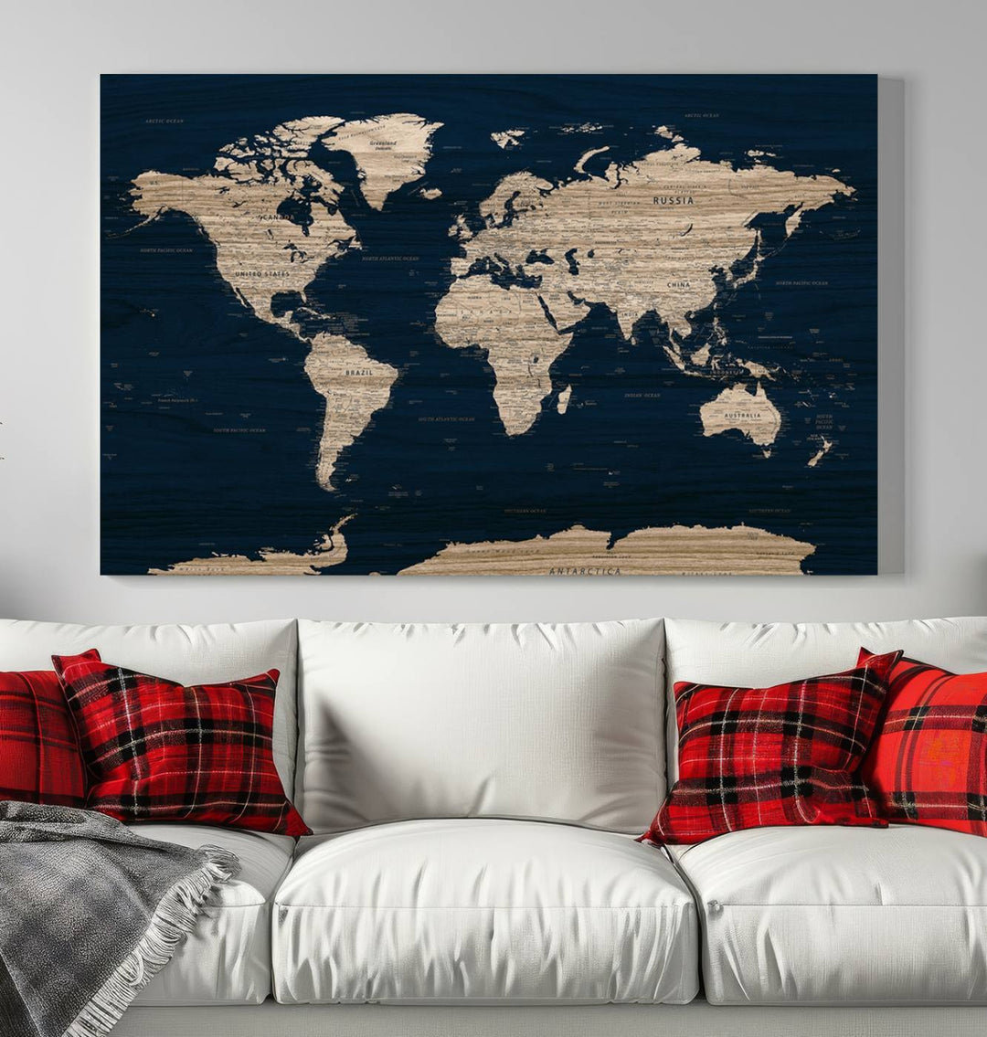 A Detailed World Map Wall Art Canvas Print on Wood Background Style adorns the wall.