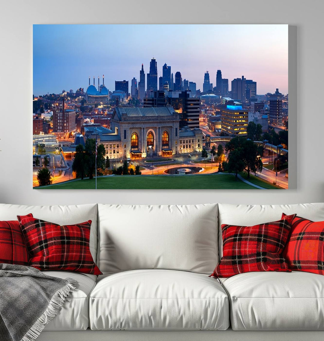 The Kansas City Skyline Canvas Wall Art Print hangs above, showcasing an iconic dusk cityscape with a historic building in the foreground, exuding urban sophistication.