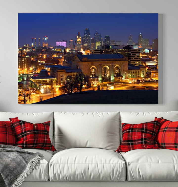 The Kansas City Night Canvas Print Wall Art creates a scene as captivating as museum-quality art, showcasing a city skyline at night with illuminated buildings.