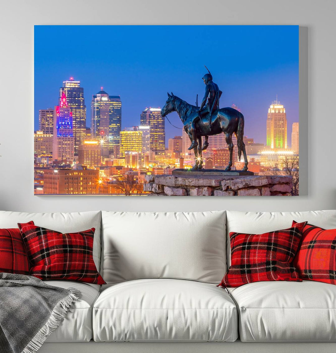 A large Kansas City Night Canvas Print Wall Art adorns the wall, gallery wrapped and finished with a UV-protective coating for lasting vibrancy.