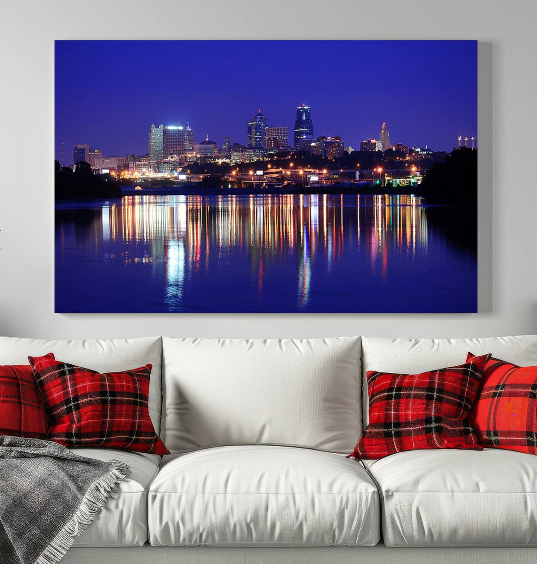 The Kansas City Night Canvas Print Wall Art captures the shimmering city skyline on the calm water, where every detail resembles a museum-quality polycotton masterpiece.