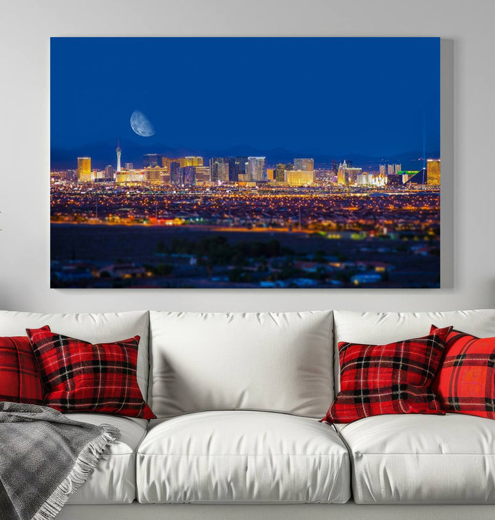 The Las Vegas Wall Art Canvas Print, depicting a city skyline at night, enhances a modern living room with its museum-quality canvas. This triptych comes ready to hang and boasts a UV-protective coating for lasting brilliance.