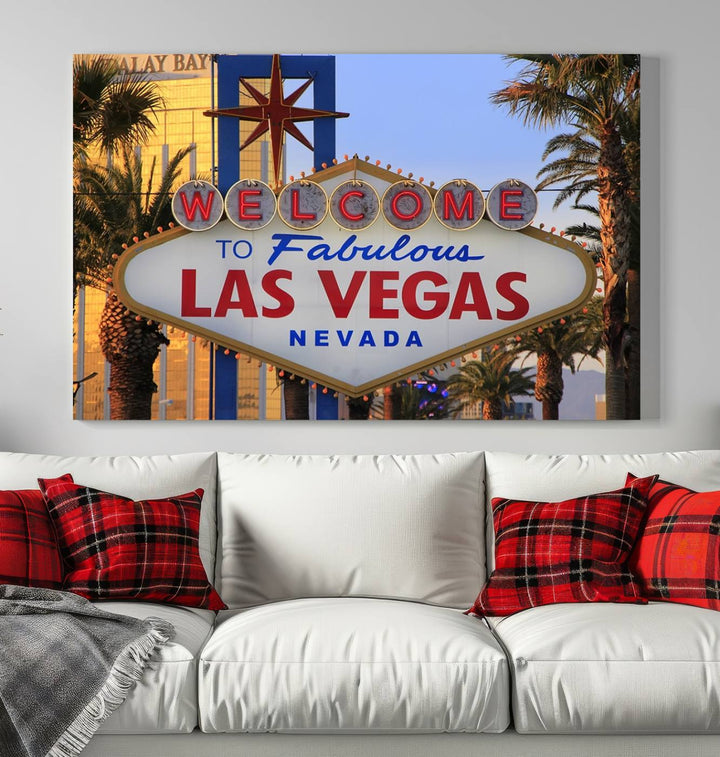 A Las Vegas Wall Art Canvas Print hangs on the wall, showcasing the iconic Welcome to Fabulous Las Vegas, Nevada sign. The museum-quality canvas guarantees vibrant colors with its UV-protective coating and is available with free shipping for added convenience.