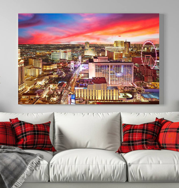 Las Vegas Wall Art Canvas Print depicting a vibrant cityscape at dusk on museum-quality canvas with a UV-protective coating, showcasing a skyline with colorful clouds.