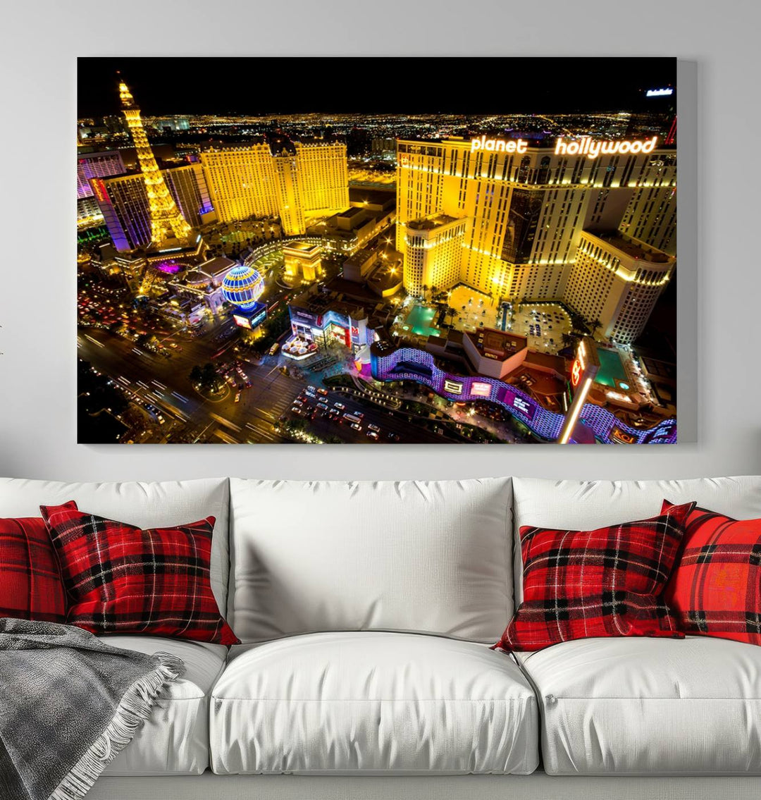 The modern living room features a Las Vegas Wall Art Canvas Print, a museum-quality triptych showcasing a vibrant cityscape with neon lights.