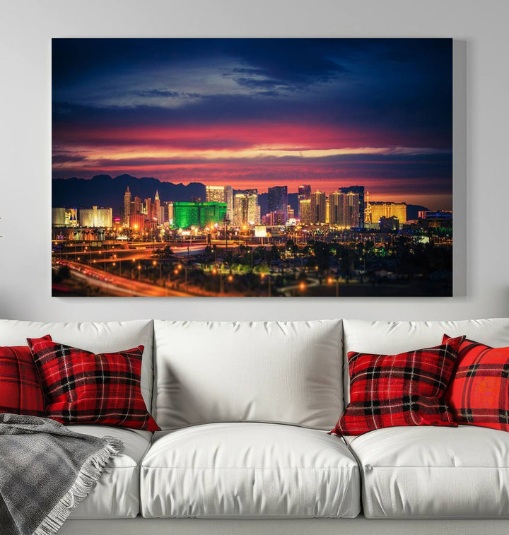 The living room is adorned with the Las Vegas Wall Art Canvas Print, a triptych showcasing a cityscape at sunset. This piece is crafted on museum-quality canvas and protected by a UV-coated finish, highlighting the craftsmanship of a skilled professional.