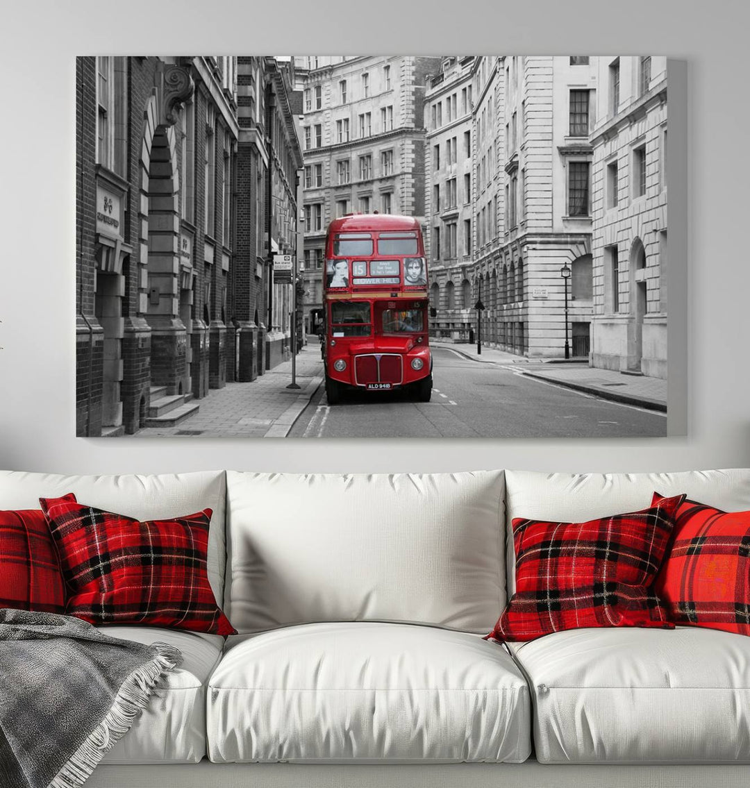 The living room features museum-quality London Red Bus Wall Art, showcasing a split canvas print of a red bus on a black and white city street. This artwork is ready to hang and includes a UV-protective coating to ensure long-lasting vibrance.