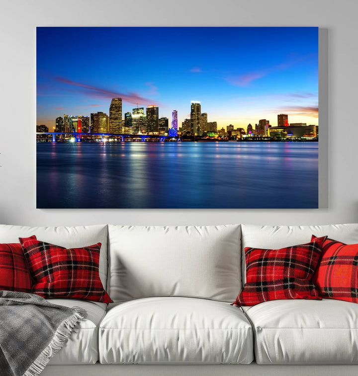 The living room features a Miami City Wall Art Canvas Print—a gallery-wrapped triptych displaying a city skyline at dusk, adding museum-quality elegance to the space.