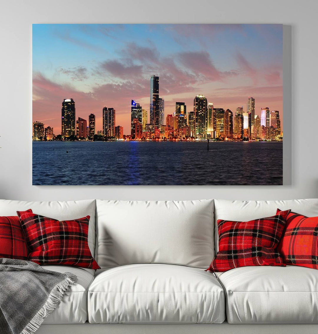 The Wall Art MIAMI Canvas Print emphasizes a vibrant cityscape at sunset. This artwork is presented on museum-quality canvas with gallery-wrapped edges, ensuring it stands out while maintaining its pristine condition for years to come.