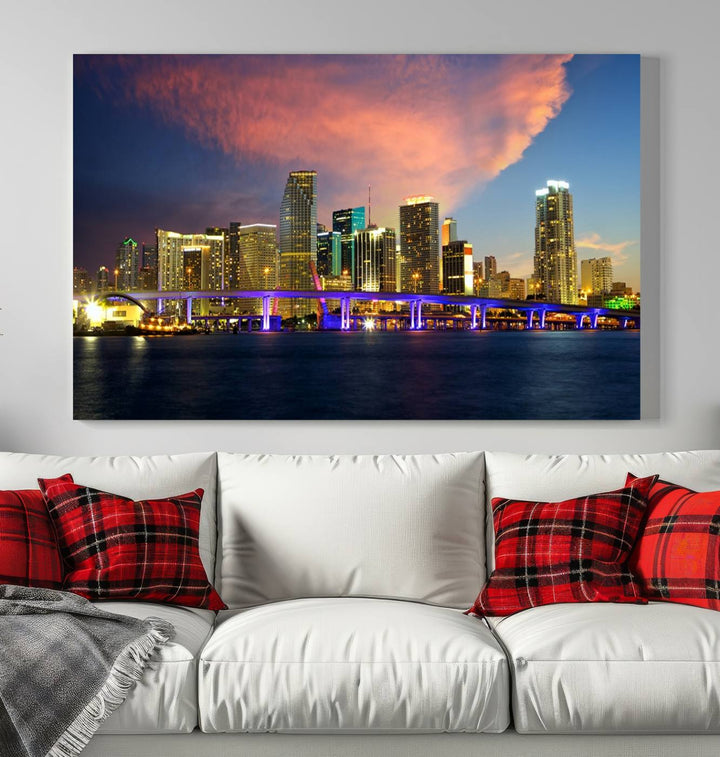 The modern living room is enhanced by the "Miami City Wall Art Canvas Print," a stunning triptych portraying a city skyline at sunset. These canvases are gallery wrapped and made from museum-quality materials, featuring a UV-protective coating to ensure lasting vibrancy.