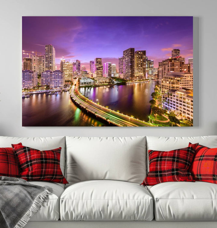 A large Miami City Wall Art Canvas Print is elegantly gallery wrapped on museum-quality polycotton canvas with a UV-protective coating.