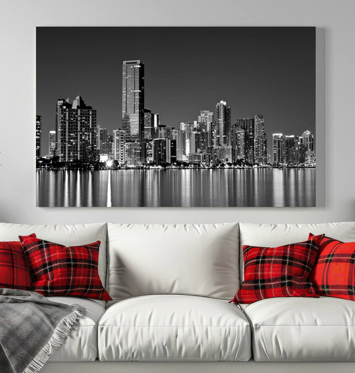 The Miami City Wall Art Canvas Print, a stunning triptych of the Miami skyline, elegantly hangs in this modern living room.