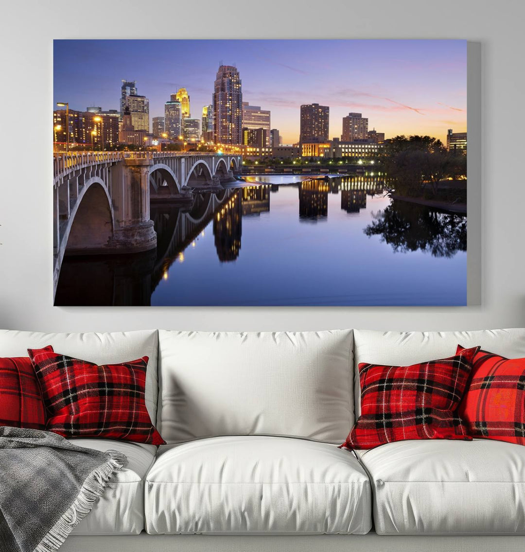 Display the Minneapolis Wall Art Canvas Print, featuring the Minnesota cityscape at dusk, on gallery-wrapped, museum-quality canvas.