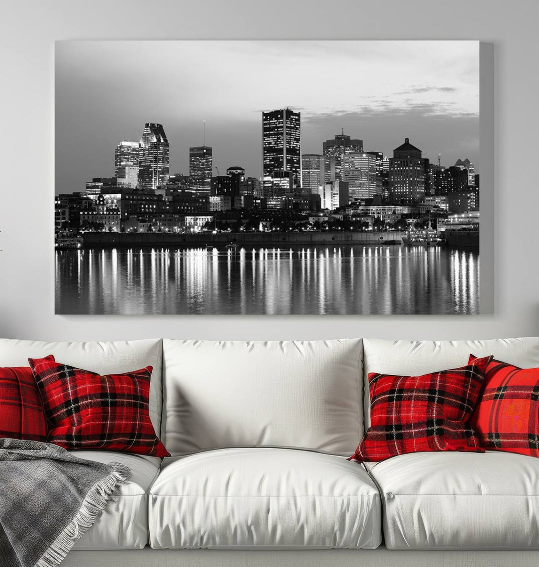 The "Montreal Canada City Wall Art," a black and white triptych of a city skyline at night, elegantly captures the reflections in water.