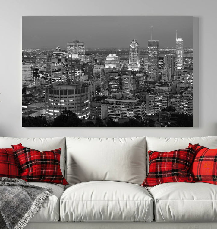 The gallery-wrapped, museum-quality canvas print features the Montreal Canada City Wall Art, showcasing a cityscape at night in black and white.