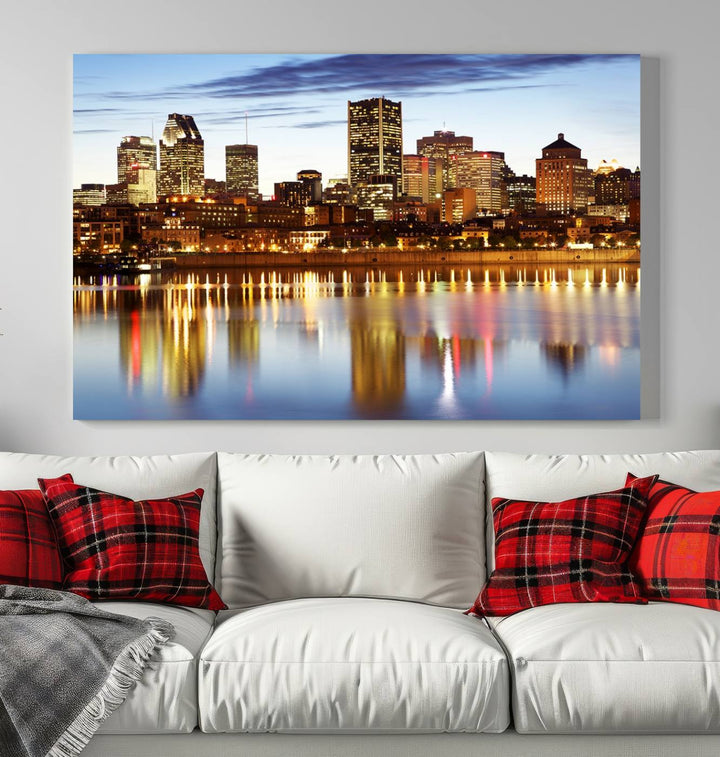 A Montreal Canada City Wall Art Canvas Print, depicting the cityscape at dusk and reflecting in calm waters, is crafted with museum-quality canvases and a UV-protective coating. This remarkable piece guarantees vibrant colors that remain stunning and ready to hang for years to come.