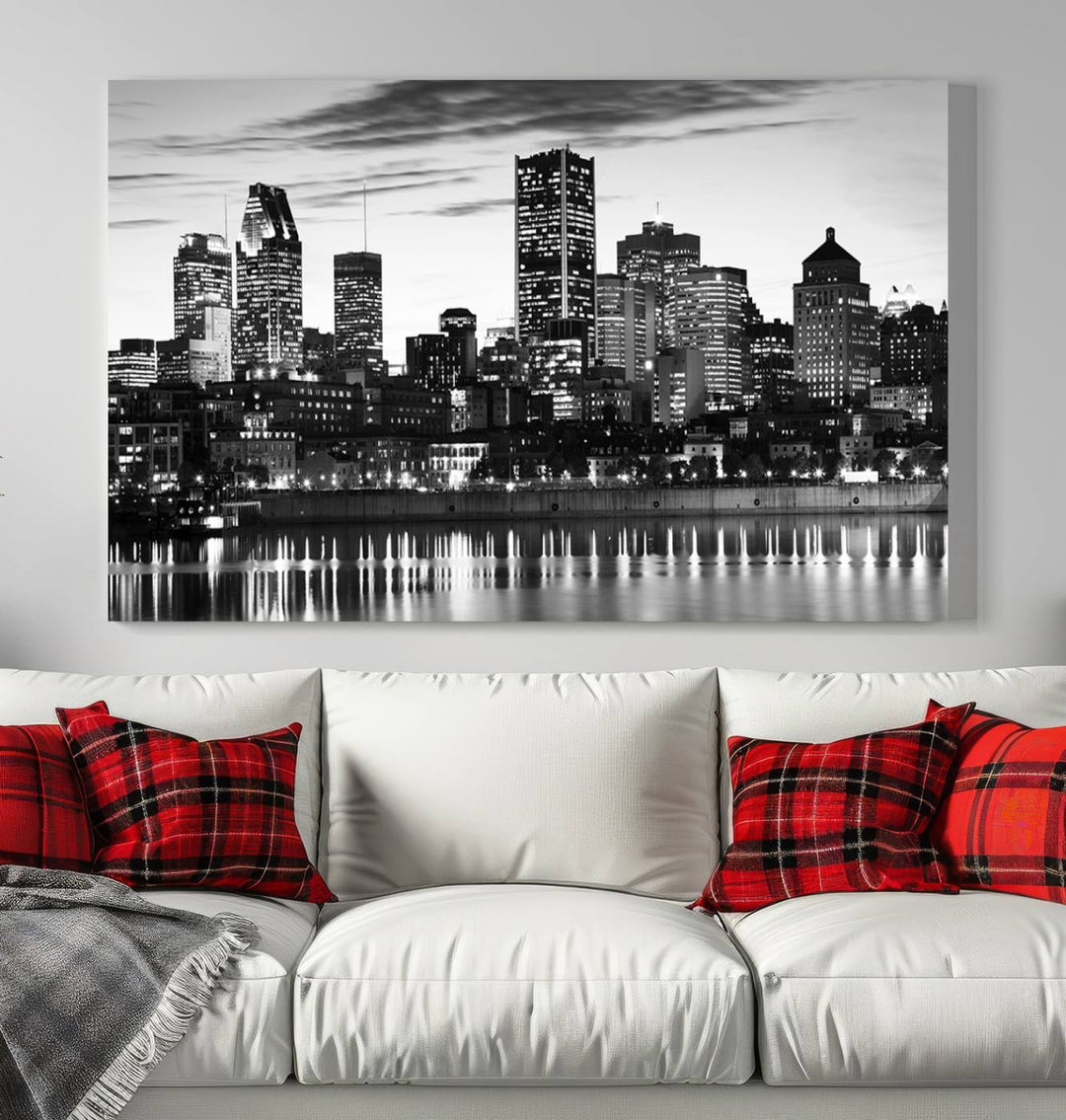 The contemporary living room features the Montreal Canada City Wall Art Canvas Print, an elegantly gallery-wrapped triptych on museum-quality canvas, prominently hung above.