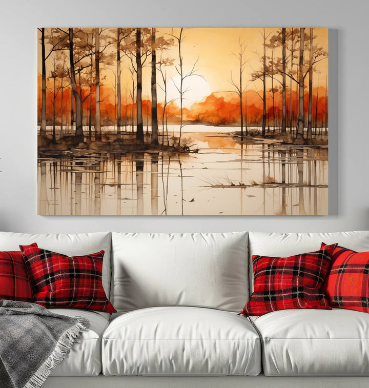 An Abstract Watercolor Trees and Sunset on Lake Wall Art Canvas Print, created on museum-quality canvas.