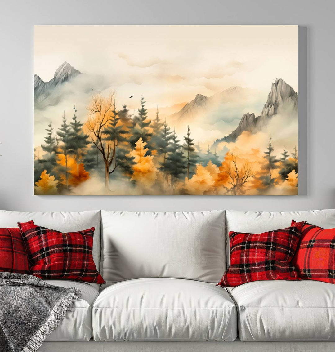 Gallery-wrapped on museum-quality canvas, the Abstract Watercolor Mountains and Trees Autumn painting displays a serene mountain landscape with autumn-colored trees.