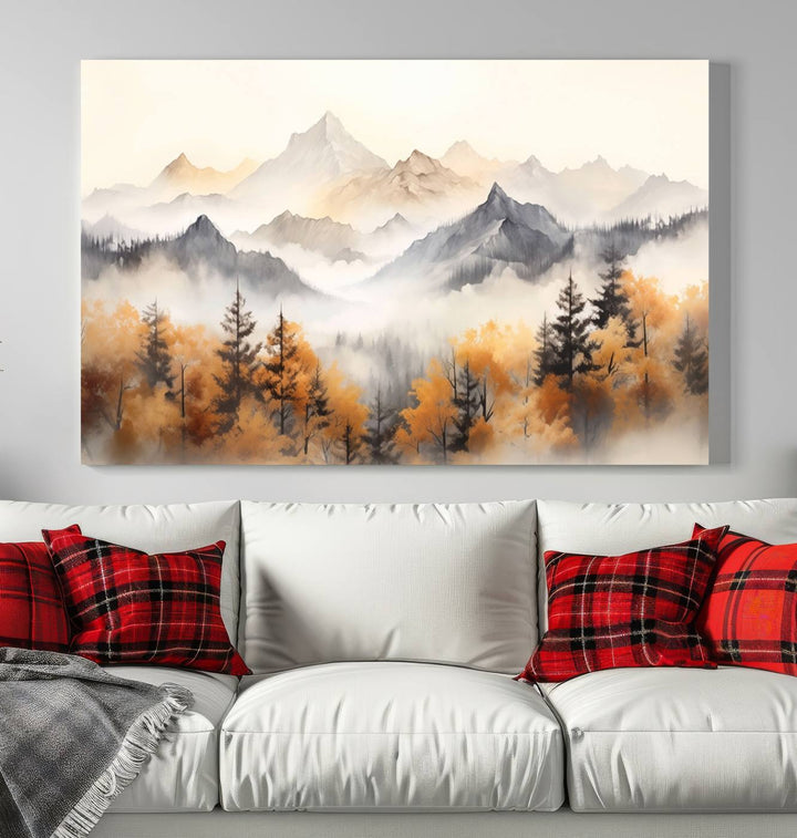 Art mural abstrait aquarelle montagnes et arbres automne