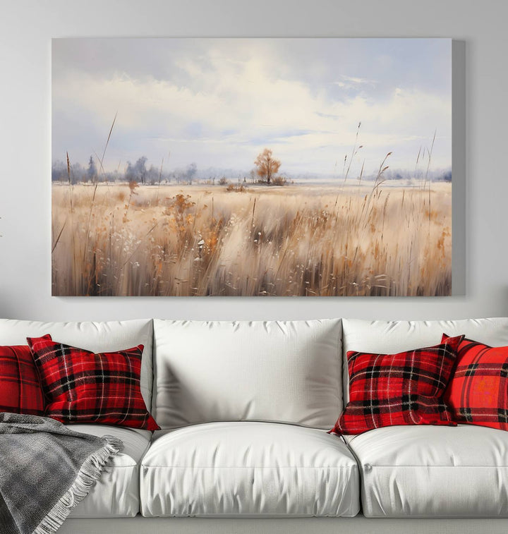 The modern living room features the Golden Fields Canvas Wall Art Print – Serene Landscape of Nature’s Tranquility in Minimalist for Farmhouse Decor, showcasing serene golden fields that enhance the calming ambiance.