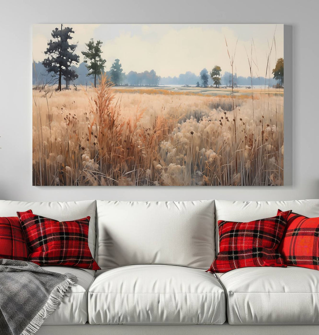 The Golden Fields Canvas Wall Art Print, a serene depiction of nature's tranquility in minimalist modern decor style, graces the wall with its calming presence.