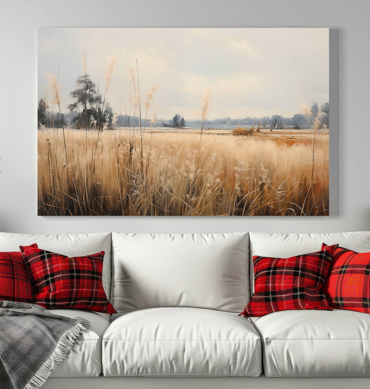 A Wildflower Field Landscape Oil Painting, showcasing a vintage art print of a serene field with tall grasses and distant trees, is beautifully presented on museum-quality canvases with gallery-wrapped edges.