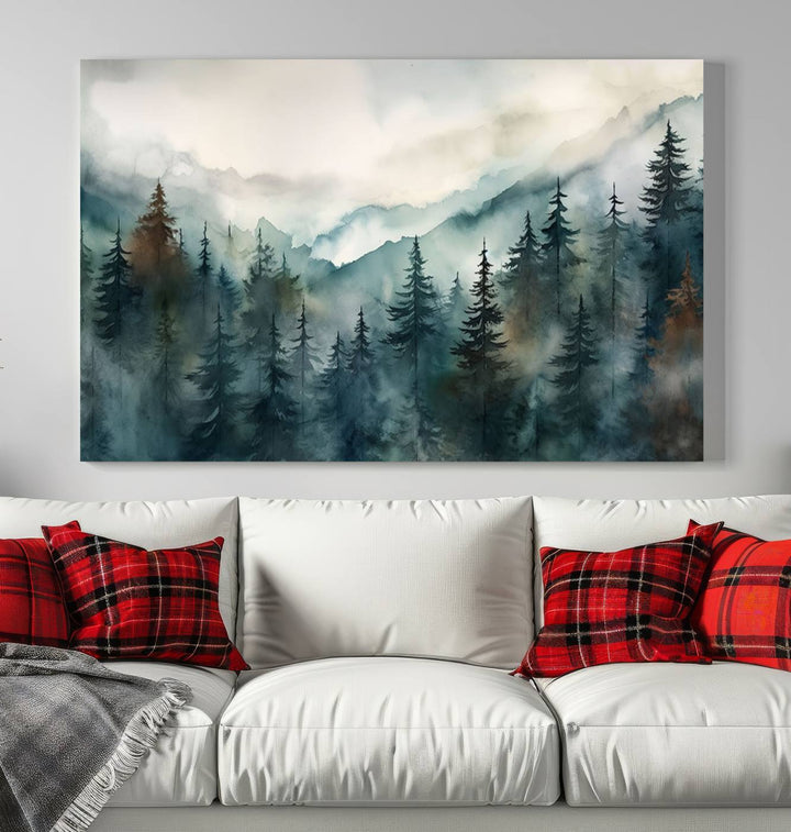 A set of Serenity Forest Wall Art Canvas prints, showcasing foggy mountain landscapes, is displayed in the living room.