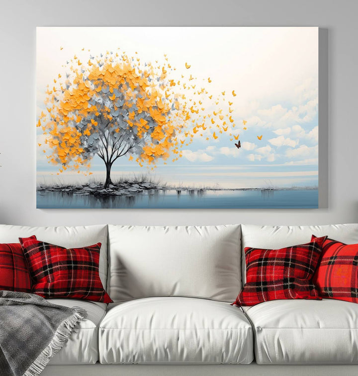 Abstract tree with yellow butterflies canvas wall art in a modern living room setting.