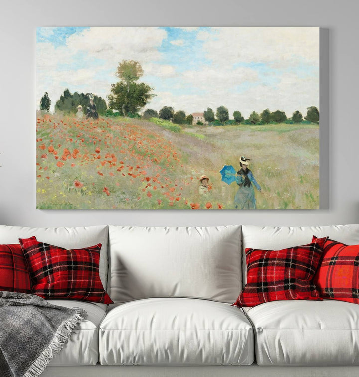 The Claude Monet The Poppy Field Canvas Print features a scene of a serene meadow with blooming flowers and a woman and child. It is printed on museum-quality canvas with UV-protective coating.