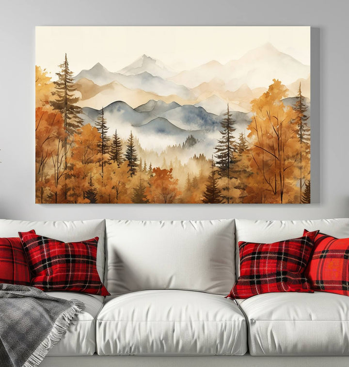 Abstract Mountain Mist Canvas Wall Art – Tranquil Autumn Forest and Misty Peaks - Ready to Hang