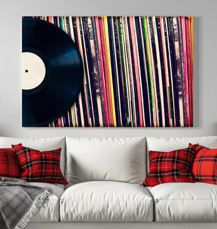 The room showcases the "Vinyl Record and Album Collection Canvas Wall Art," a perfect retro music decor piece for vintage vinyl lovers.