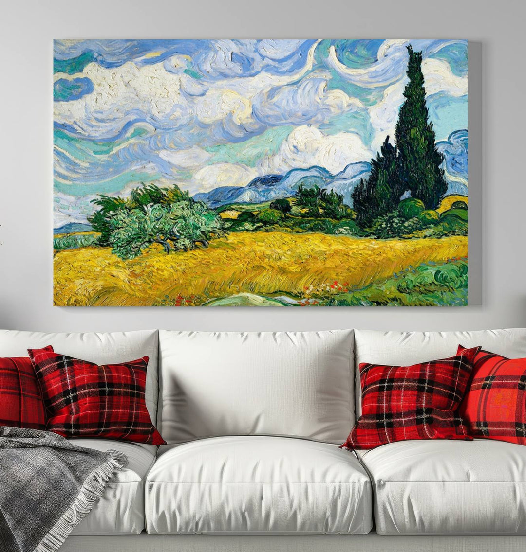 A contemporary living room features a large triptych of "Wheatfield With Cypresses By Van Gogh Painting Wall Art Canvas Print." Crafted on museum-quality canvas, this artwork brings a sense of elegance and craftsmanship reminiscent of professional artistry.