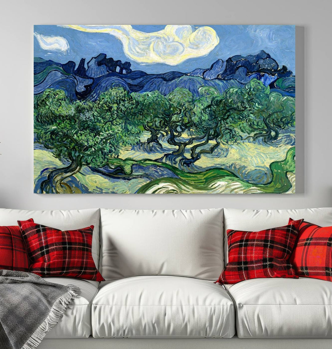 The Olive Trees Van Gogh Wall Art Canvas Print enhances the living room with its vivid landscape on museum-quality canvas, complete with a UV-protective coating.