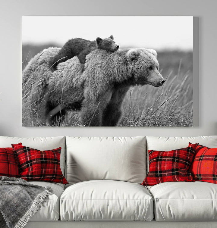 Baby Bear and Mom Bear Family Black & White Canvas Print Wall Art Canvas