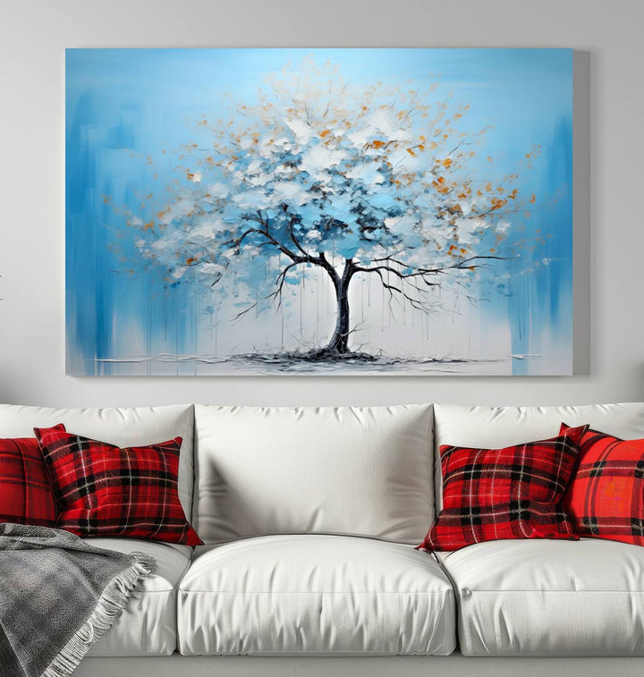 Modern living room featuring the Large Blue Abstract Tree Wall Art Canvas Printing. Enjoy the elegance with free shipping.