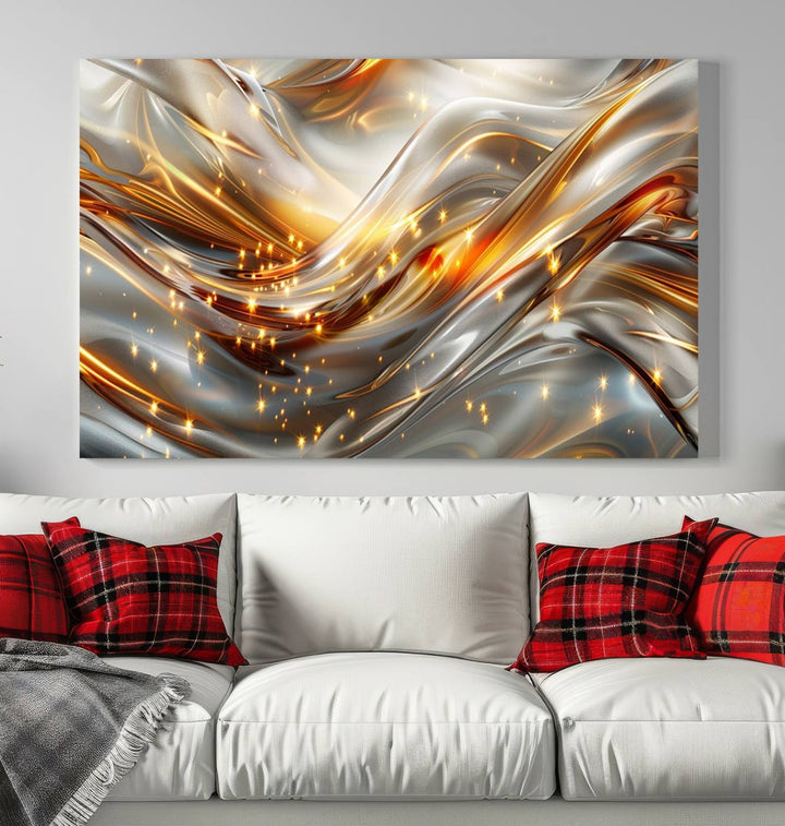 The Elegant Modern Gold Abstract Wall Art - Premium Framed Canvas Print for Home & Office Decor showcases a captivating triptych with swirling metallic designs and golden sparkles, perfectly enhancing contemporary interiors.