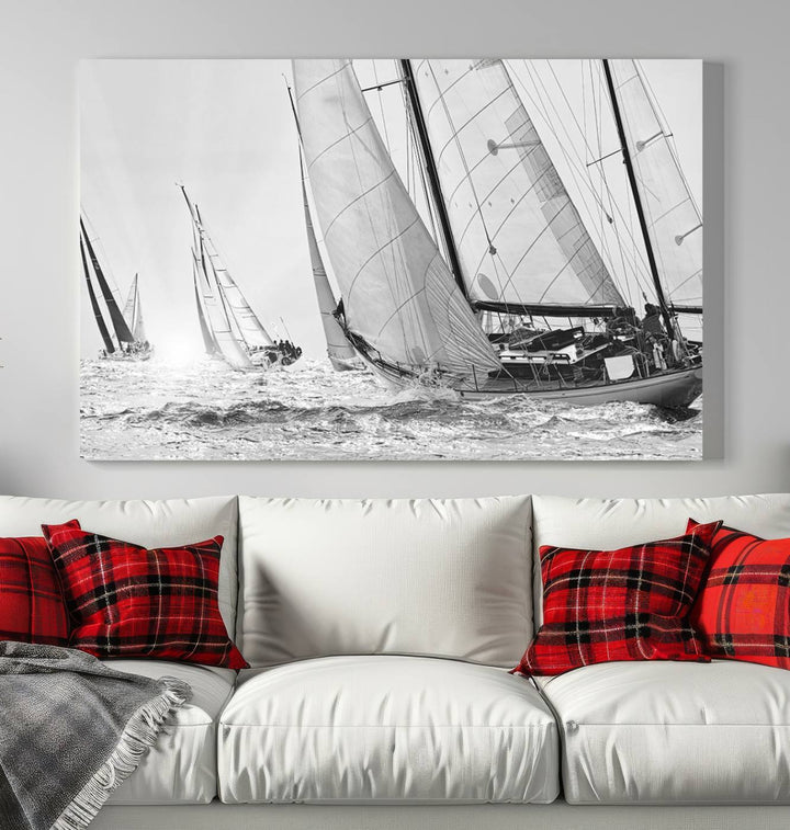 Impresión de velero Yacht Regatta lienzo pared arte Yate decoración de la pared Seascape Art Sailing Ship Negro Blanco extra grande arte de la pared Sailing Regatta